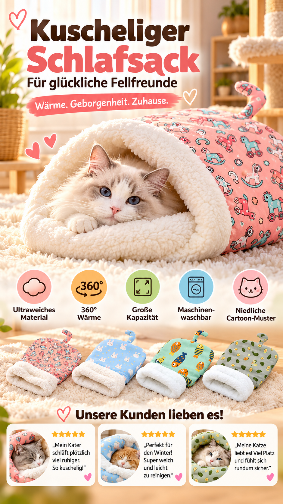 🎉💖Über 66.000 verkauft!🐱🎁Flauschige Katzenhöhle mit Cartoon-Muster – Halbgeschlossen, warm & perfekt für den Winter😴