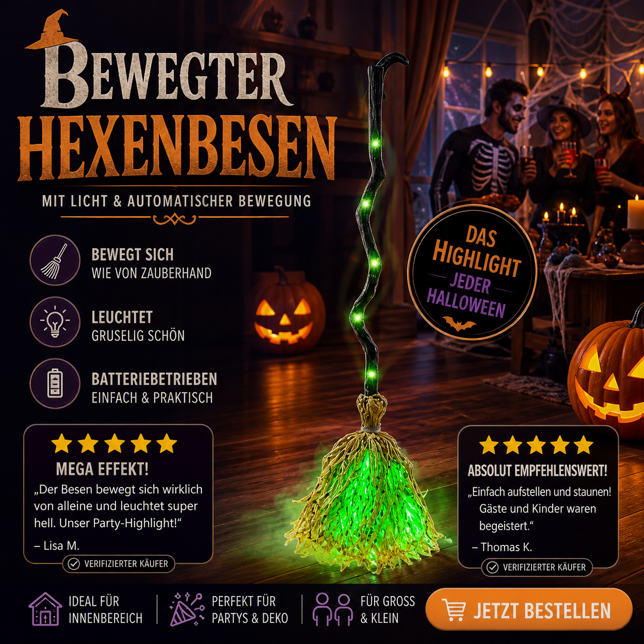 ⏳ Begrenzter Zeit: 50 % Rabatt ⏰ Animierte Hexenbesen Halloween-Dekoration mit Licht und Sound 🧙