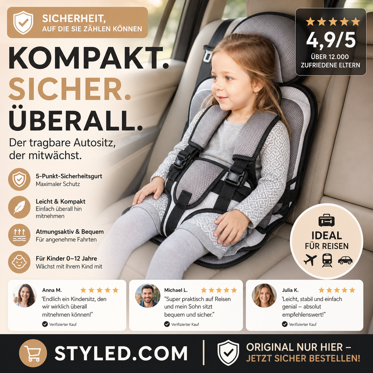🔥 Kindersitz fürs Auto – Faltbar, sicher, überall dabei! 🧒 5-Punkt-Gurt, atmungsaktiv, für 0–12 Jahre ⚡ Limitiertes Angebot ⏳