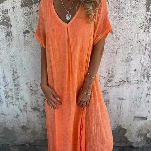 🔥 Damenlockeres V-Ausschnitt-Kleid aus Baumwoll-Leinen