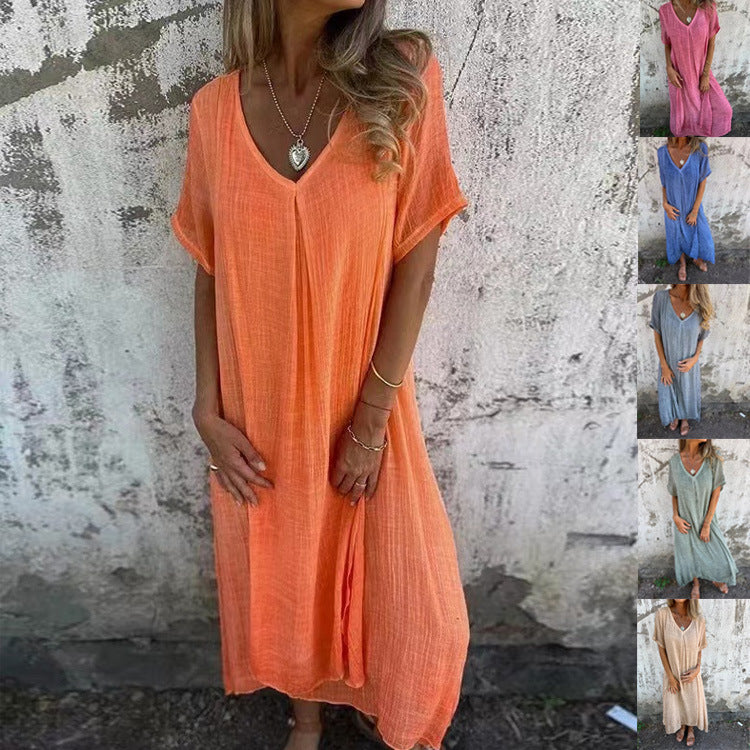 🔥 Damenlockeres V-Ausschnitt-Kleid aus Baumwoll-Leinen