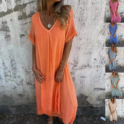 🔥 Damenlockeres V-Ausschnitt-Kleid aus Baumwoll-Leinen
