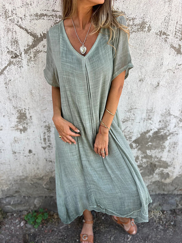 🔥 Damenlockeres V-Ausschnitt-Kleid aus Baumwoll-Leinen