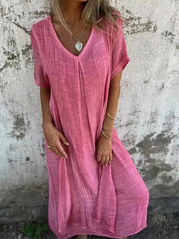🔥 Damenlockeres V-Ausschnitt-Kleid aus Baumwoll-Leinen