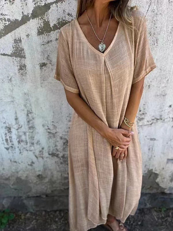 🔥 Damenlockeres V-Ausschnitt-Kleid aus Baumwoll-Leinen