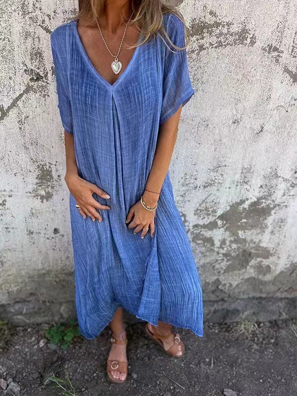 🔥 Damenlockeres V-Ausschnitt-Kleid aus Baumwoll-Leinen