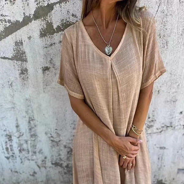 🔥 Damenlockeres V-Ausschnitt-Kleid aus Baumwoll-Leinen