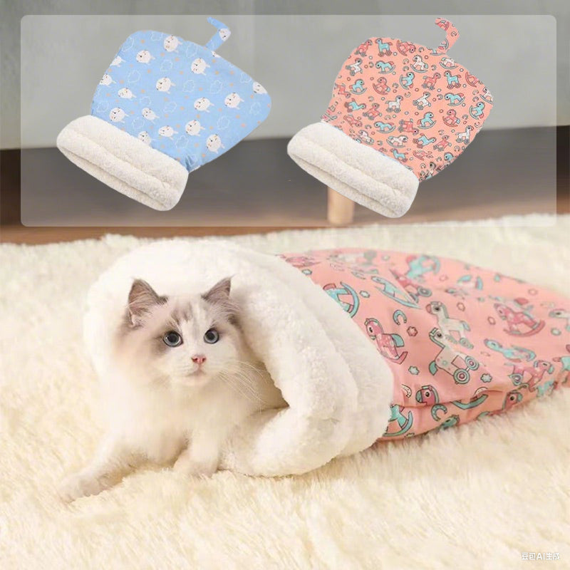 🎉💖Über 66.000 verkauft!🐱🎁Flauschige Katzenhöhle mit Cartoon-Muster – Halbgeschlossen, warm & perfekt für den Winter😴