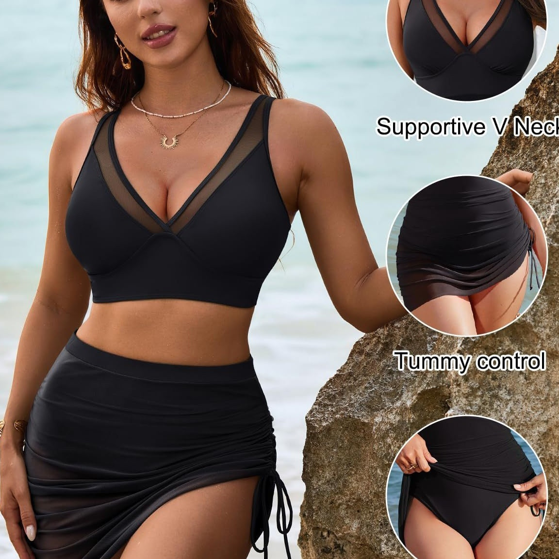 💎 56% RABATT! 💎 Hochtailliertes Bikini-Set mit Schwimmrock – Mesh-Akzente, Bauchkontrolle & Schnelltrocknend 🌊👙