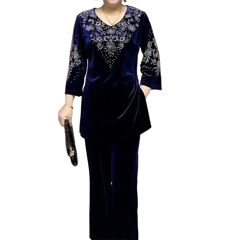 👗✨ Elegantes 2-teiliges Samt-Set mit Kristallverzierungen | Perfekt für Büro, Abendessen & Feiern | Atmungsaktiv & Bequem | In Übergrößen XL-4XL verfügbar 👗💎