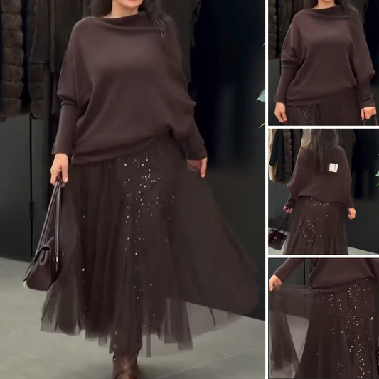 👗Set de dos piezas de jersey suave y falda de lentejuelas para mujer🛍️