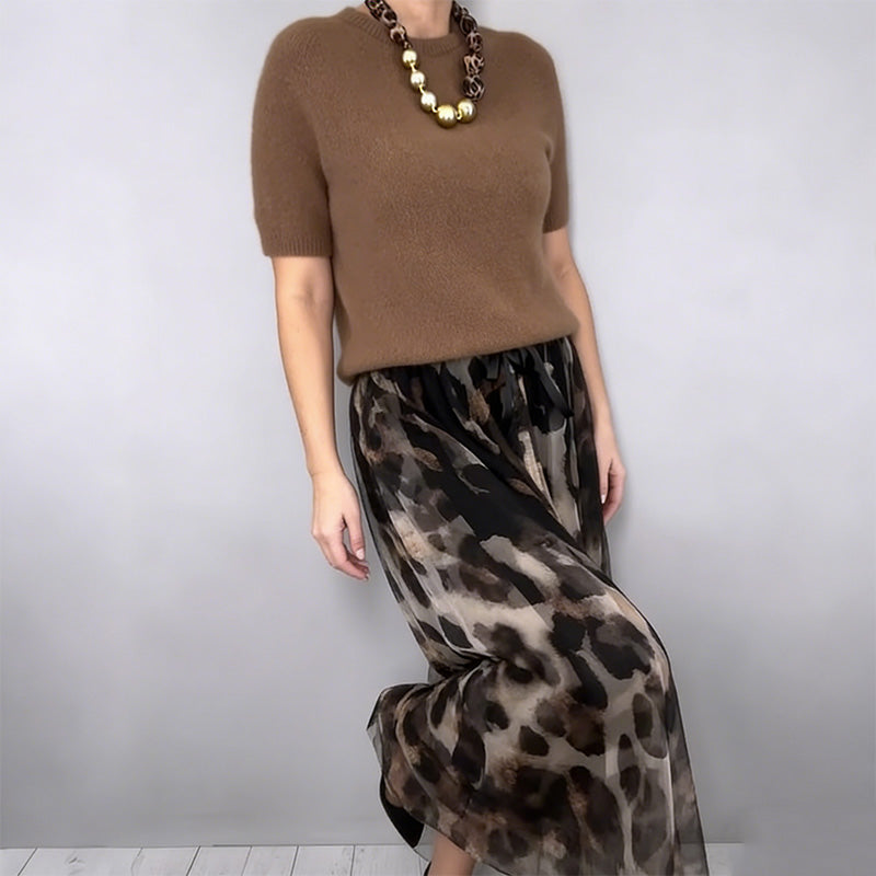 ⌛ Nur noch 3 Tage – 53 % auf alles! ⏰Zweiteiliges Set für Damen bestehend aus Pullover und fließendem Rock mit Leopardenmuster