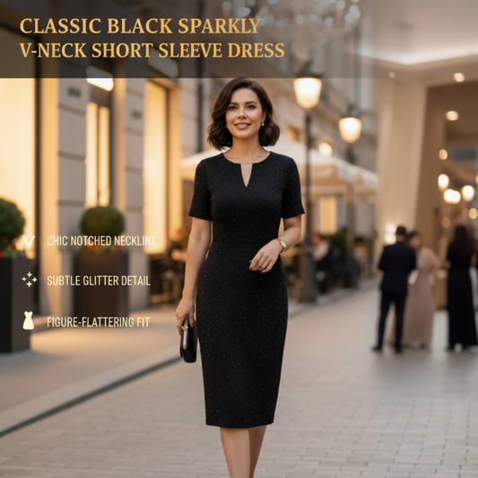 🧡Klassisches schwarzes, glitzerndes Kurzarmkleid mit V-Ausschnitt