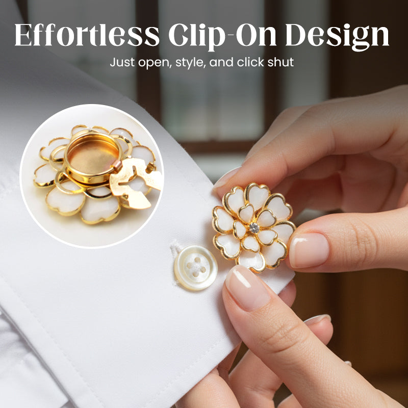 🌷60% RABATT✨Zweiteiliges Schmuckset: Manschettenknöpfe & Brosche mit Rhinestone-Blütendesign ✨🌷 Vielseitig tragbar – Für festliche Anlässe & elegante Alltagsakzente