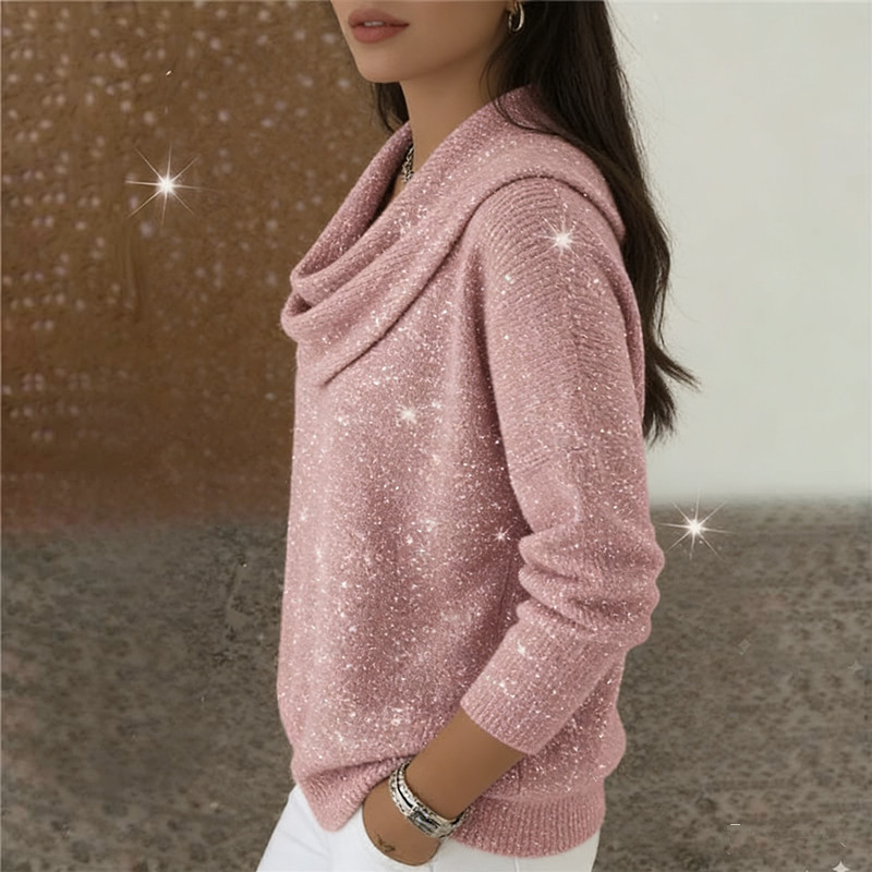Glitzer Langarmshirt mit Wasserfallausschnitt