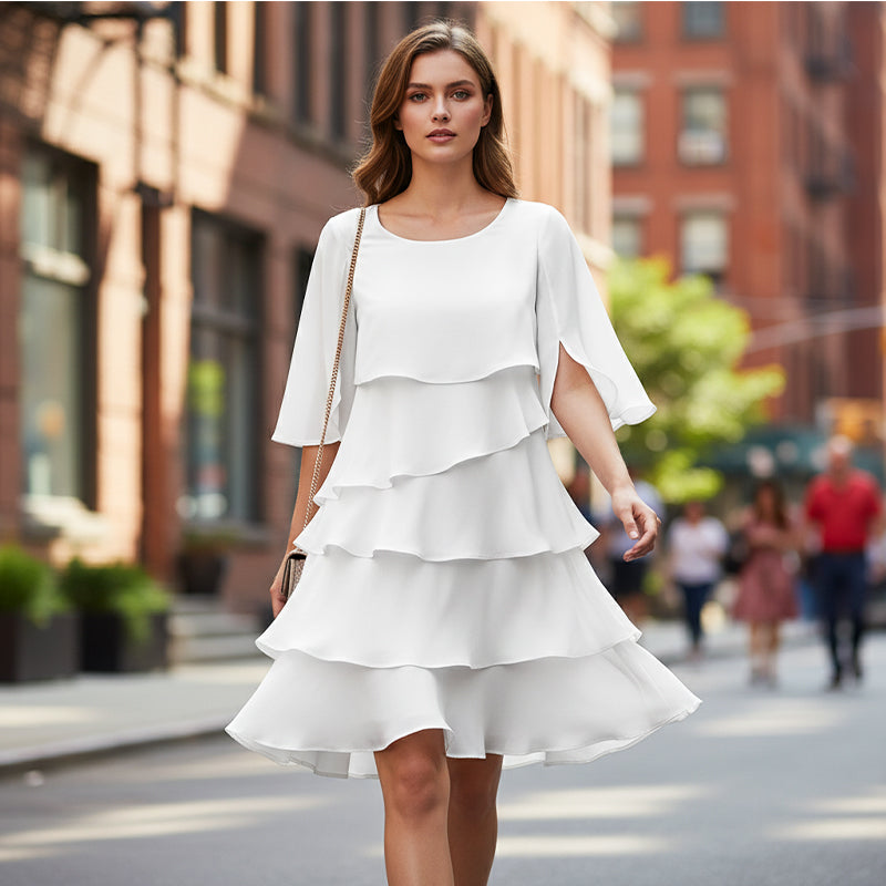 👗 Damen Kleid – Rundhals, Kaskaden-Rüschen & mehrlagig – Elegant & schmeichelhaft für Sommer & Anlässe✨