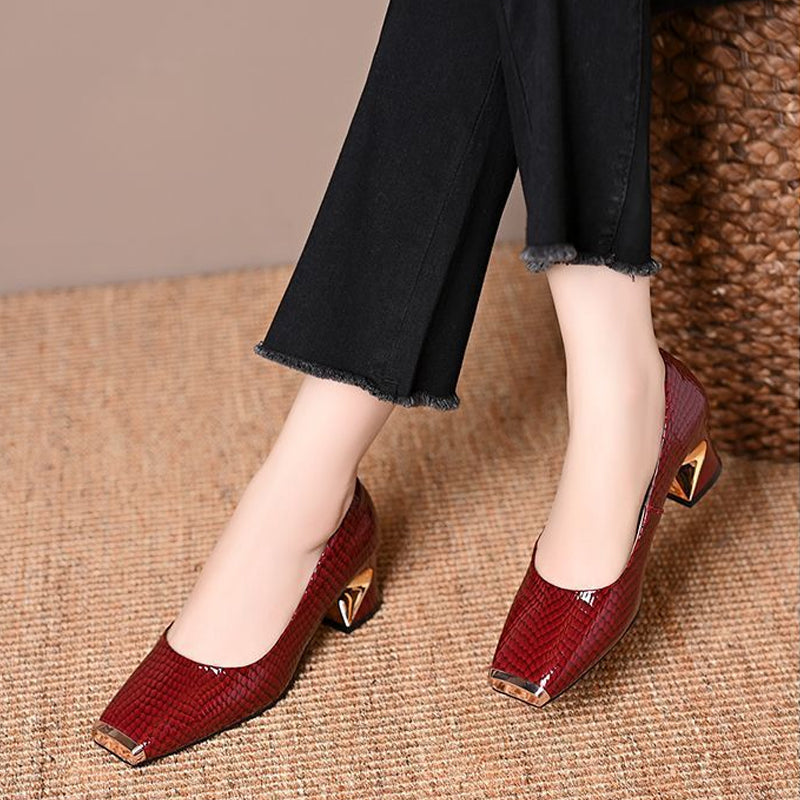 👠 Damen-Pumps mit Schlangenmuster und Blockabsatz – Quadratische Zehenpartie, Metallakzente & ganztägiger Tragekomfort ✨
