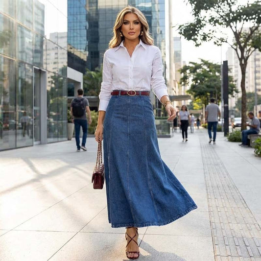 👗 50% RABATT! ✨ Damen-Maxirock aus Denim mit Hoher Taille – A-Linien-Schnitt, Dehnbarer Komfort & Vielseitiger Style 👖