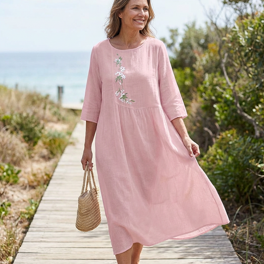 👗 ✨ Lässiges, locker sitzendes Midikleid mit Stickerei – Behaglicher Schnitt, Elegante Details & Hoher Tragekomfort 🌸
