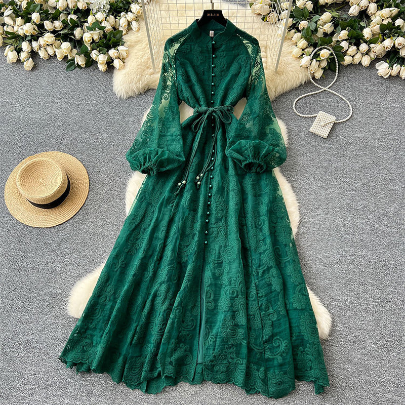 🔥Solange der Vorrat reicht 50 % Rabatt!🎉Vintage besticktes Kleid mit Laternenärmeln