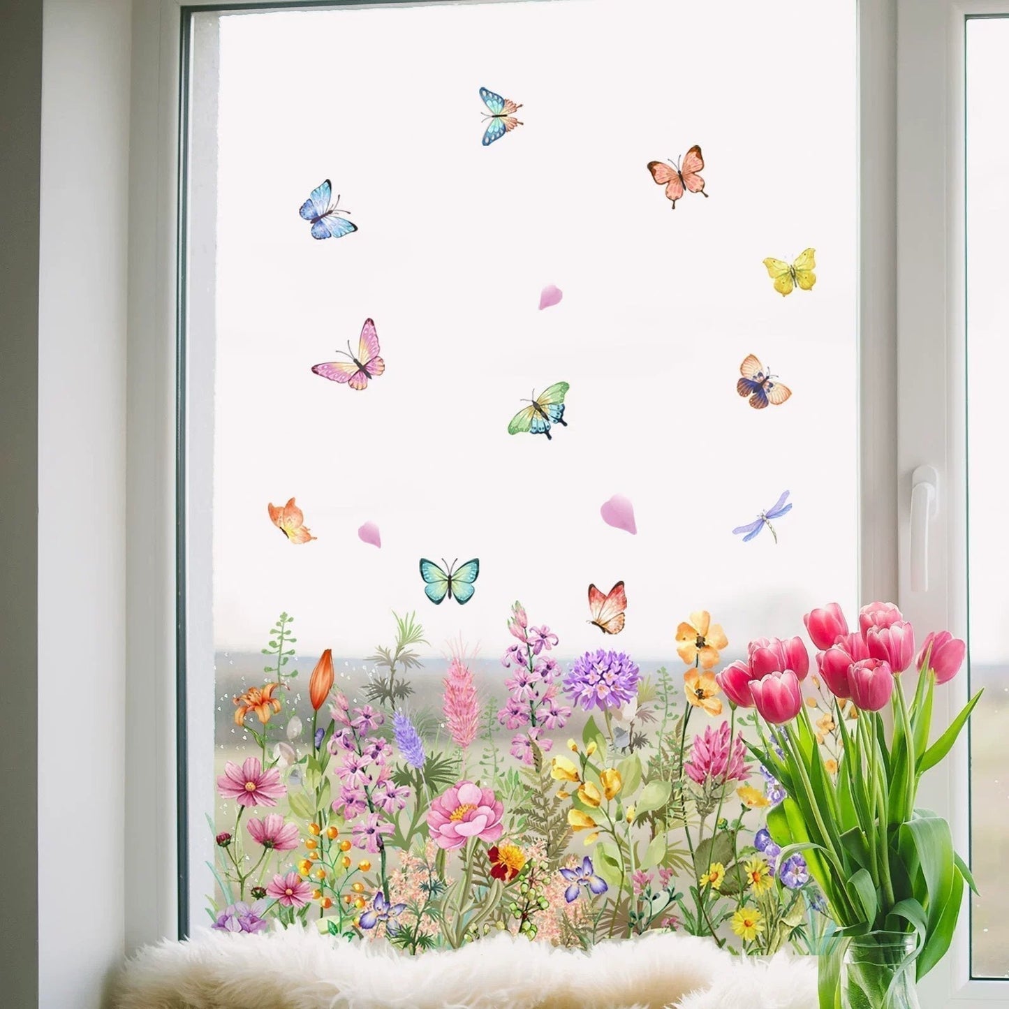 🌼 50% RABATT! 🖼️ Bunter Blumenstrauß-Fensteraufkleber – LETZTER TAG – Selbstklebend, Rückstandslos entfernbar & Sonnenschutz 🌸