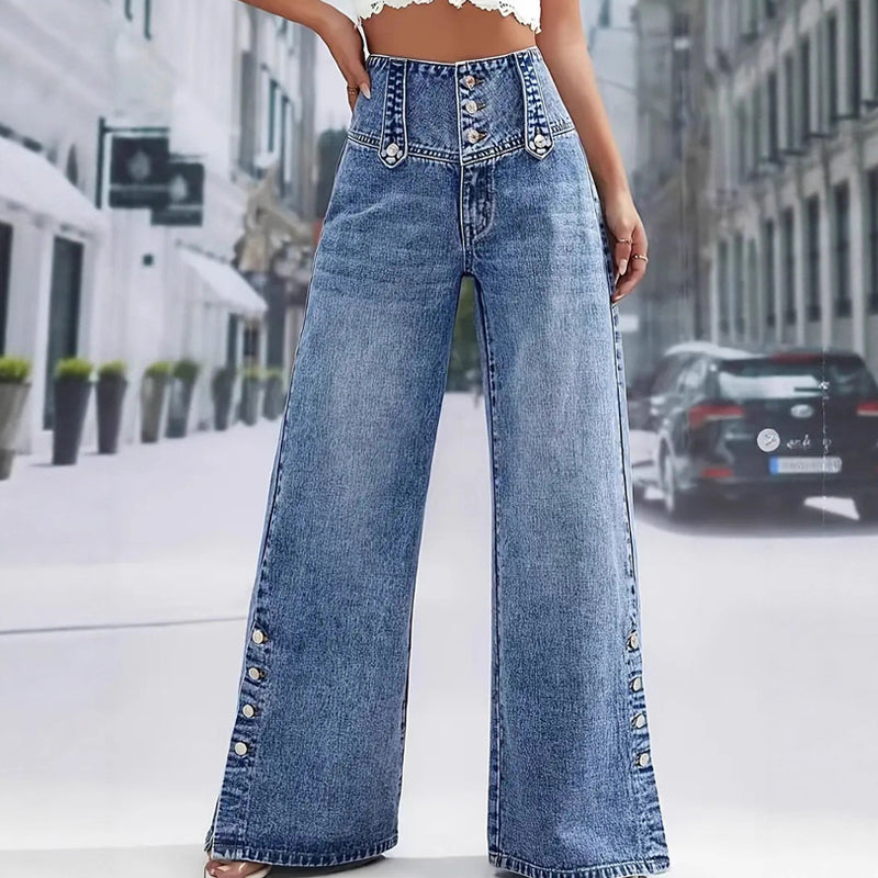Damen High-Waist Jeans – Weites Bein mit Knopfleiste und Schlitz am Saum👖✨