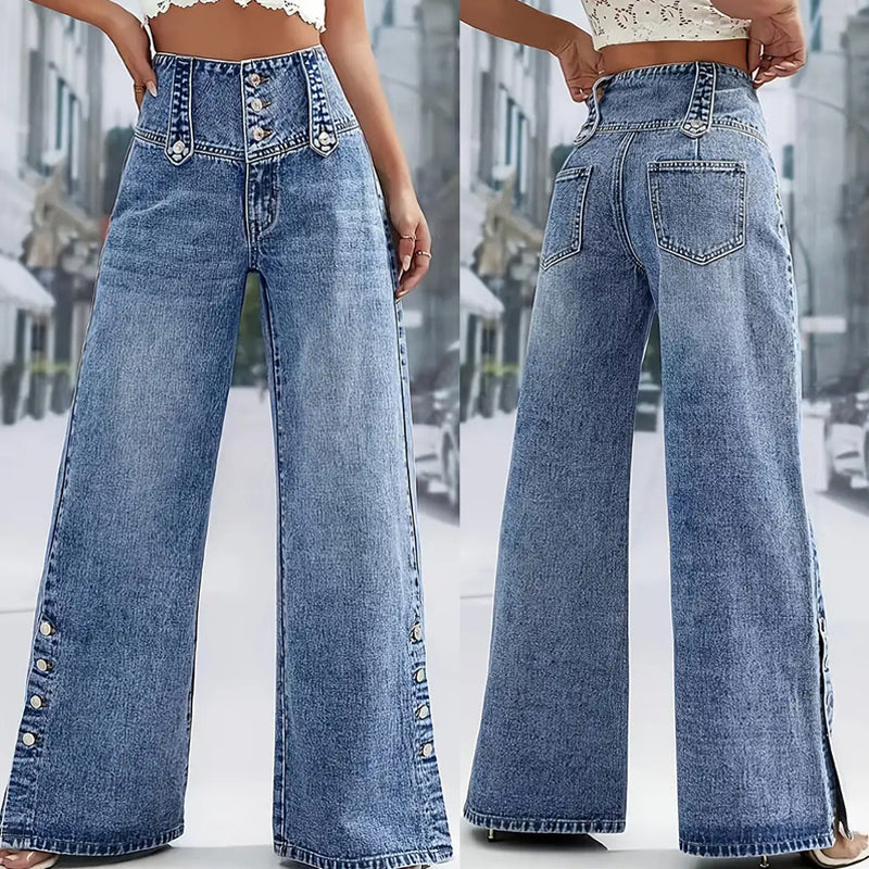 Damen High-Waist Jeans – Weites Bein mit Knopfleiste und Schlitz am Saum👖✨