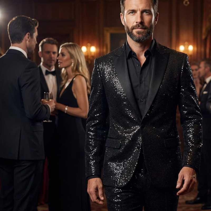 🧥👖 Schwarzer Herren-Smoking mit Glitzer