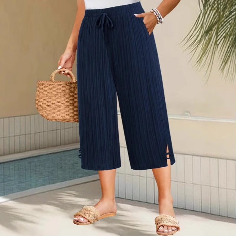 🔥Damen Caprihose: Weitbein, Kordelzug-Bund & Taschen – Lässig & komfortabel