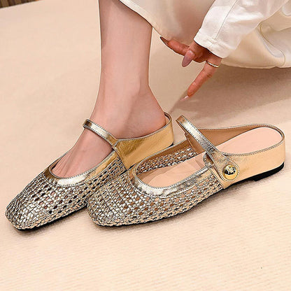🌞Frühlingserwachen: 50% Rabatt!👡 Damen Gewebte Mary-Jane-Mules mit Quadratspitze – Atmungsaktiv, verstellbarer Riemen & bequemer Schlupfstil