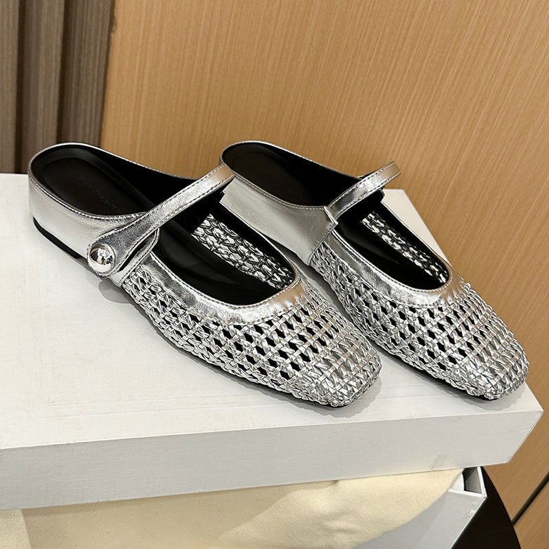 🌞Frühlingserwachen: 50% Rabatt!👡 Damen Gewebte Mary-Jane-Mules mit Quadratspitze – Atmungsaktiv, verstellbarer Riemen & bequemer Schlupfstil