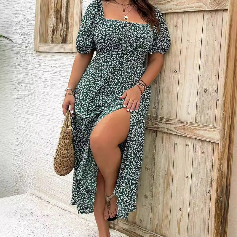 💖LETZTER TAG IM ANGEBOT: 50 % RABATT💐Kurzärmeliges Kleid mit Schlitz und Blumenmuster