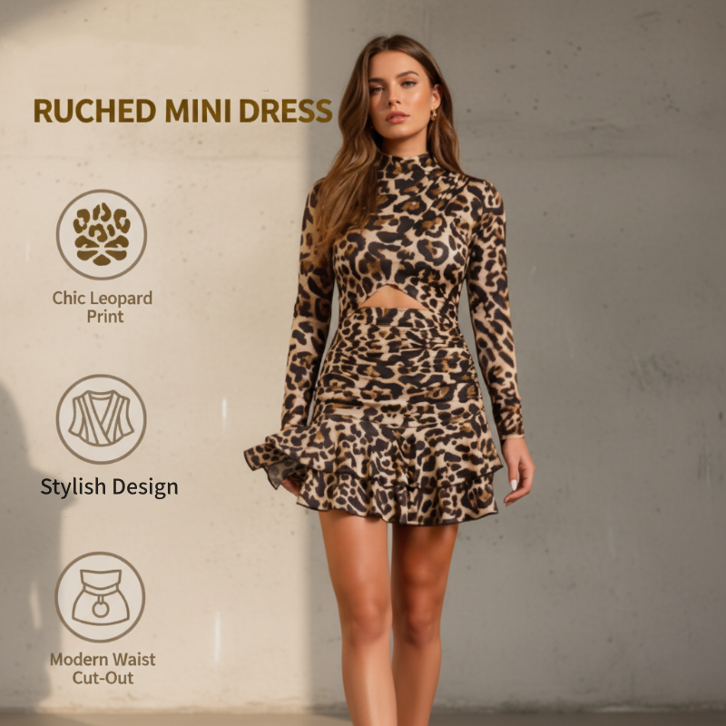 💖💖2026 neuestes Modell, 50 % Rabatt für begrenzte Zeit🔥🔥Minikleid mit Leopardenmuster und Raffungen für Damen