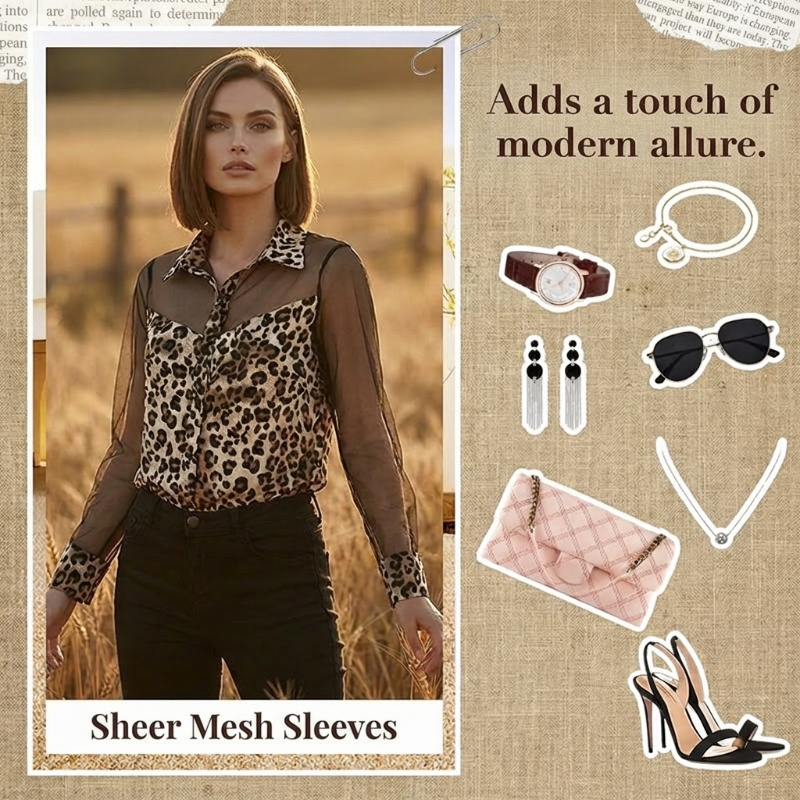 👚50 % RABATT! 🐆 Damenbluse mit Leopardenmuster und kontrastierendem Mesh – Langärmlig, figurbetont und perfekt für Büro und Abend ✨