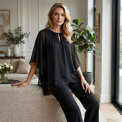 ✨🔥Eleganter Zweiteiler: Bluse mit asymmetrischem Saum & weite Hose