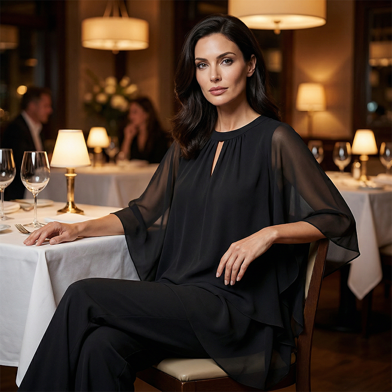 ✨🔥Eleganter Zweiteiler: Bluse mit asymmetrischem Saum & weite Hose