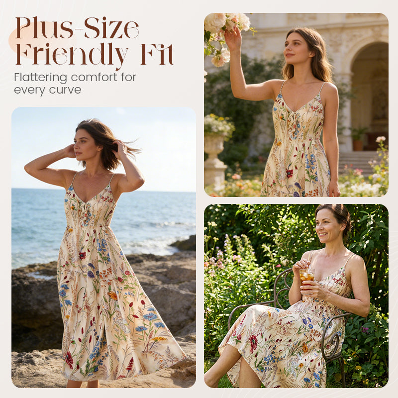 👗🌸 Plus-Size-Midikleid mit Blumenmuster & Spaghettiträgern – Figurschmeichelnd, Leicht & Perfekt für Den Frühling 🌿