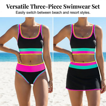 👙🌊 3-teiliges Damen Bikini-Set – Hohe Taille, Color-Block & Zickzack-Design für Strand & Urlaub
