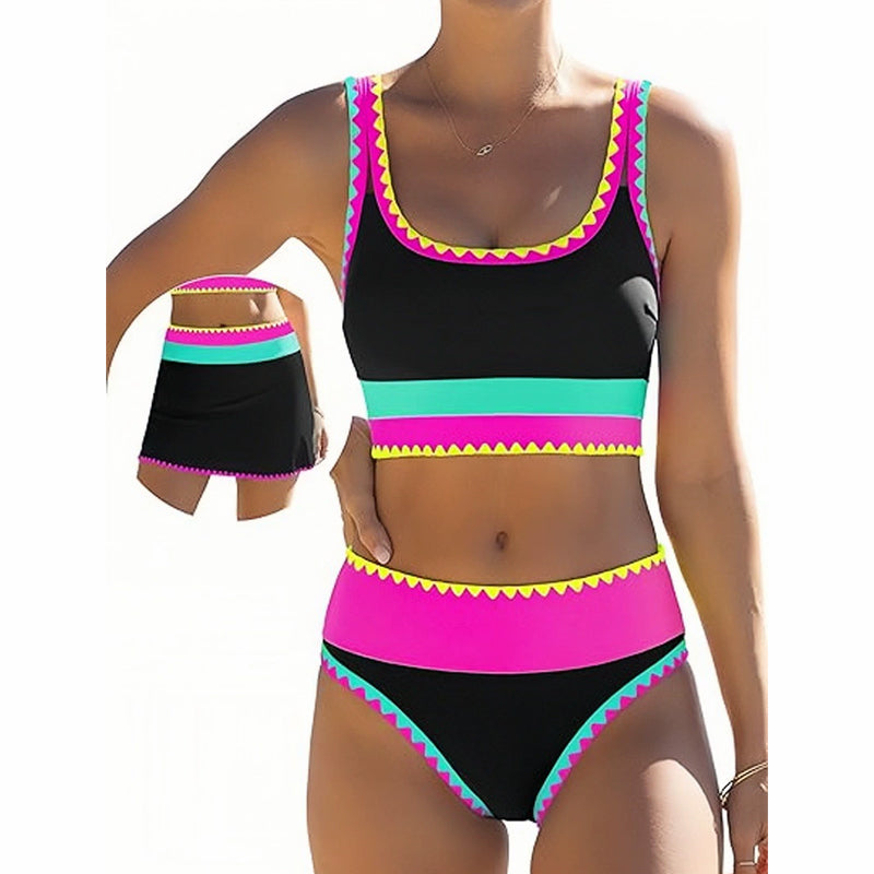 👙🌊 3-teiliges Damen Bikini-Set – Hohe Taille, Color-Block & Zickzack-Design für Strand & Urlaub