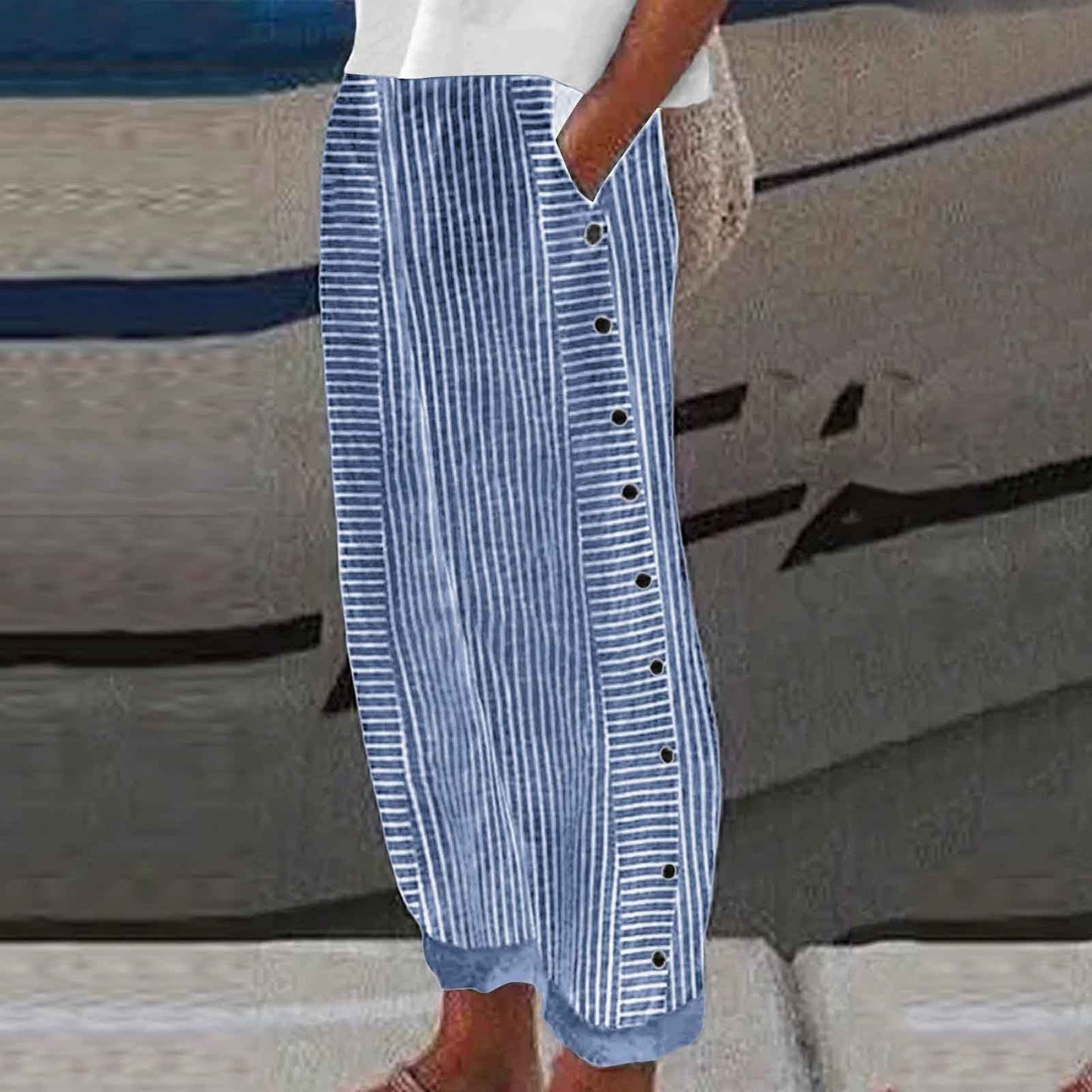 👖 50% RABATT! 🌷 Schwarze Gestreifte Hose mit Seitentaschen – Bequemer Schnitt, Modischer Look & Praktische Aufbewahrung 🌸