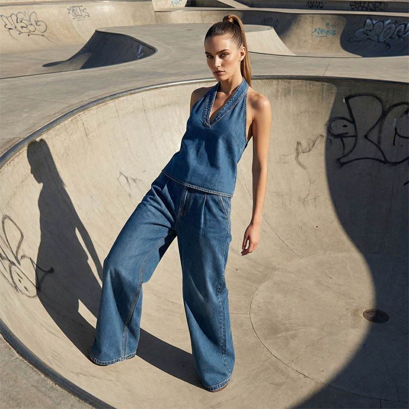 💎 -39% AUF DAS 2-TEILIGE JEANS-SET! 💎 Retro Stonewash, Neckholder-Top & Weite Hose für Damen👖✨