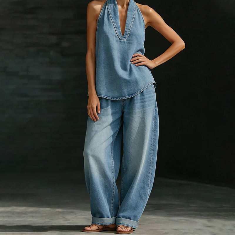 💎 -39% AUF DAS 2-TEILIGE JEANS-SET! 💎 Retro Stonewash, Neckholder-Top & Weite Hose für Damen👖✨