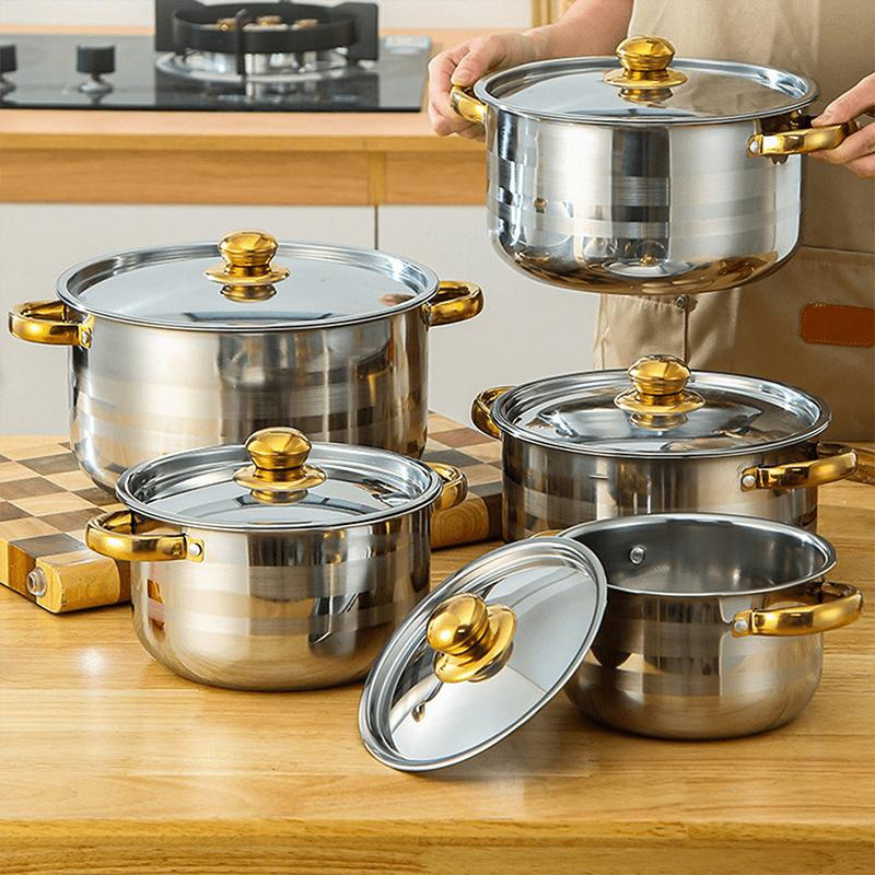 🍳 57% RABATT! 🔥 5-teiliges Kochset – Robuster Edelstahl, Glasdeckel & Elegante Gold-Akzente für Eine Stilvolle Küche ✨