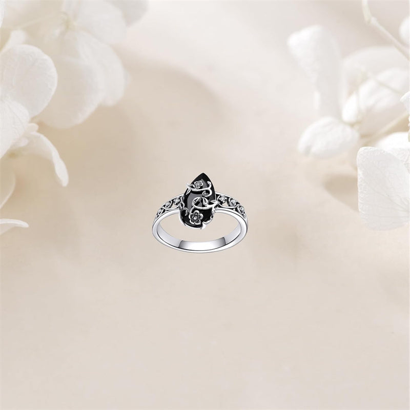 💍50% RABATT🖤Silberfarbener Boho-Ring mit schwarzem Tropfenstein und Rankenmuster, stilvolles Schmuckstück für jeden Anlass🌿