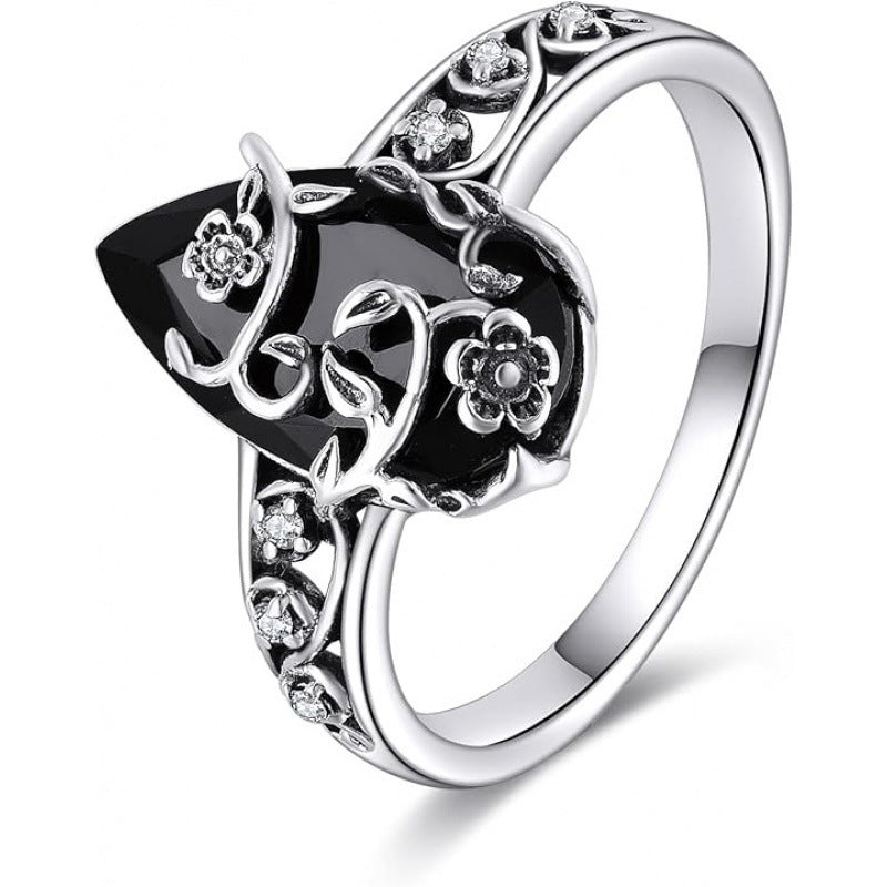 💍50% RABATT🖤Silberfarbener Boho-Ring mit schwarzem Tropfenstein und Rankenmuster, stilvolles Schmuckstück für jeden Anlass🌿