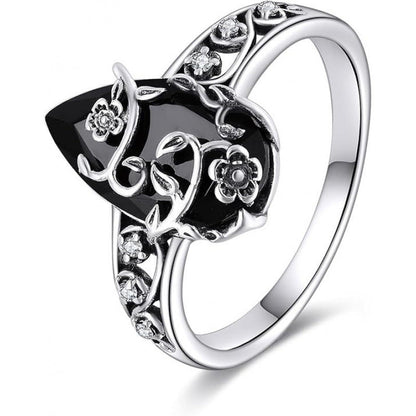 💍50% RABATT🖤Silberfarbener Boho-Ring mit schwarzem Tropfenstein und Rankenmuster, stilvolles Schmuckstück für jeden Anlass🌿
