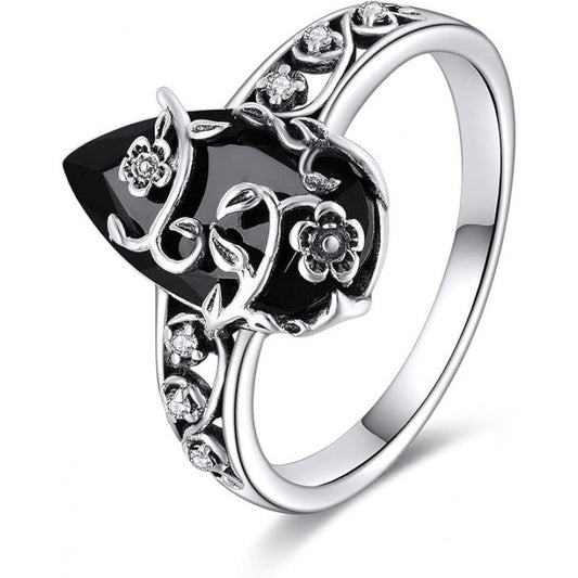 💍Silberfarbener Boho-Ring mit schwarzem Tropfenstein und Rankenmuster, stilvolles Schmuckstück für jeden Anlass🌿