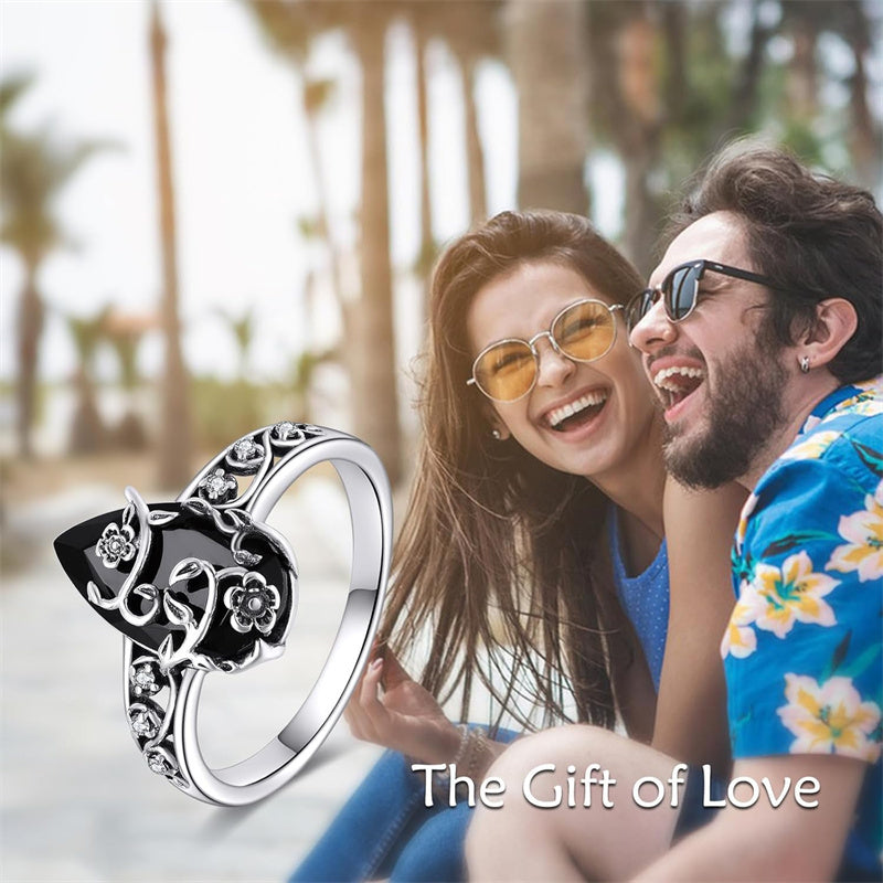 💍50% RABATT🖤Silberfarbener Boho-Ring mit schwarzem Tropfenstein und Rankenmuster, stilvolles Schmuckstück für jeden Anlass🌿