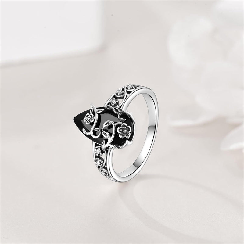 💍50% RABATT🖤Silberfarbener Boho-Ring mit schwarzem Tropfenstein und Rankenmuster, stilvolles Schmuckstück für jeden Anlass🌿