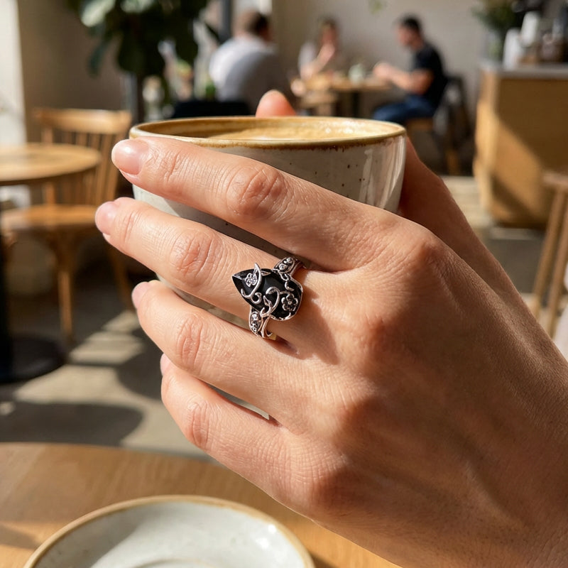 💍50% RABATT🖤Silberfarbener Boho-Ring mit schwarzem Tropfenstein und Rankenmuster, stilvolles Schmuckstück für jeden Anlass🌿